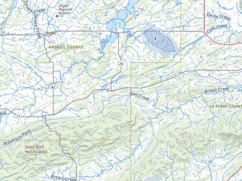 NEXRAD radar-signature map of the hail storm over Mccurtain, OK on Jul 29, 2026