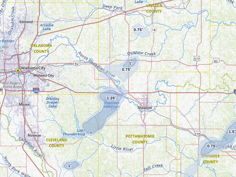 NEXRAD radar-signature map of the hail storm over Mcloud, OK on Jan 8, 2026