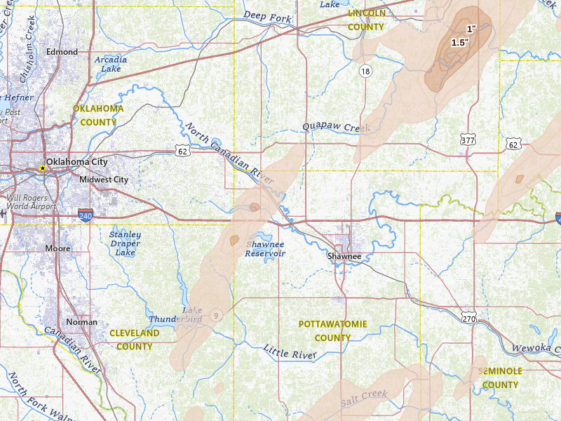 Radar-estimated hail-size map of the storm over Mcloud, OK on Mar 6, 2026