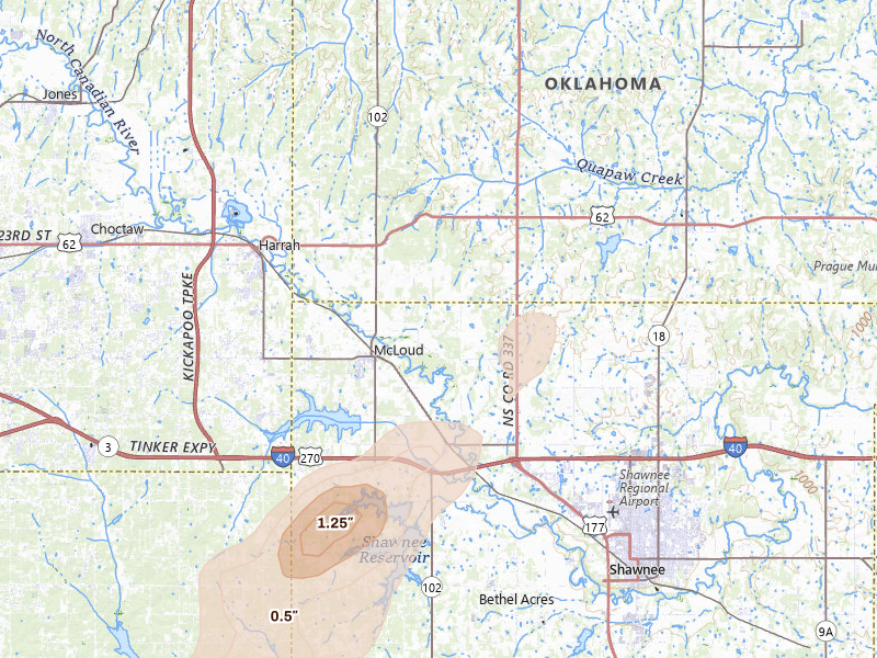 Radar-estimated hail-size map of the storm over Mcloud, OK on Apr 28, 2026