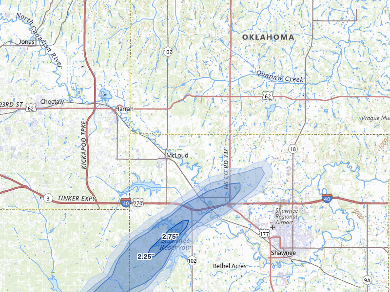 NEXRAD radar-signature map of the hail storm over Mcloud, OK on Apr 28, 2026
