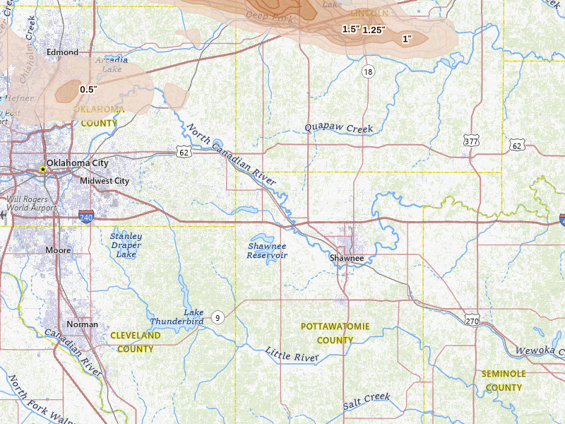 Radar-estimated hail-size map of the storm over Mcloud, OK on Jun 26, 2026