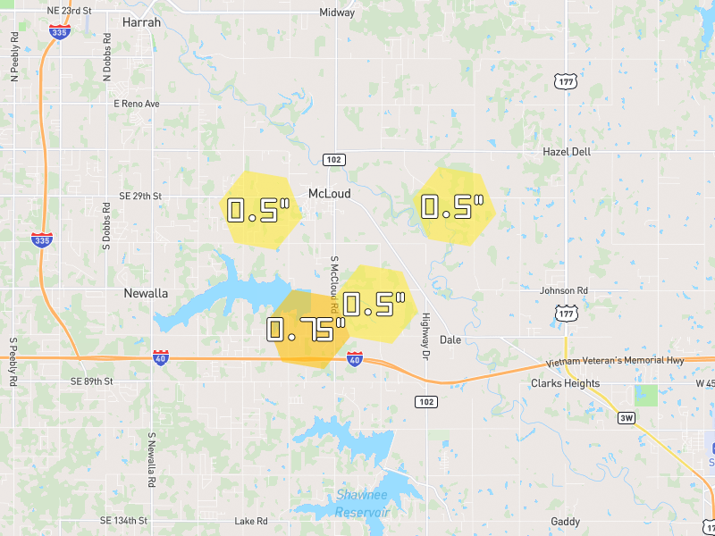Hail map of McLoud, OK on Jun 27, 2026, hail up to 0.75"