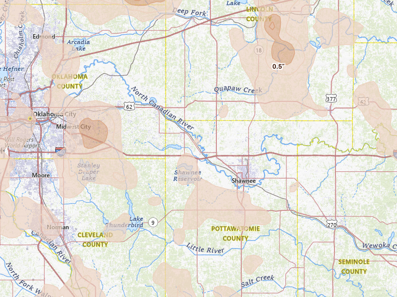 Radar-estimated hail-size map of the storm over Mcloud, OK on Jul 4, 2026