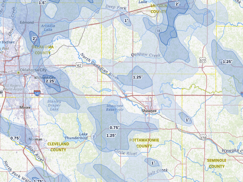 NEXRAD radar-signature map of the hail storm over Mcloud, OK on Jul 4, 2026