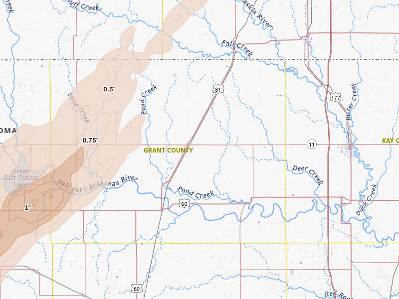 Radar-estimated hail-size map of the storm over Medford, OK on Mar 5, 2026