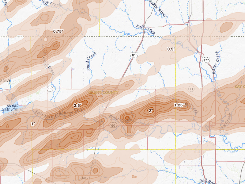 Radar-estimated hail-size map of the storm over Medford, OK on Apr 17, 2026
