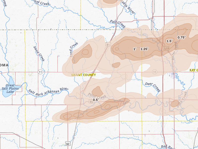 Radar-estimated hail-size map of the storm over Medford, OK on Apr 23, 2026