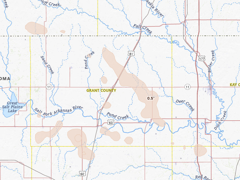 Radar-estimated hail-size map of the storm over Medford, OK on Jun 1, 2026