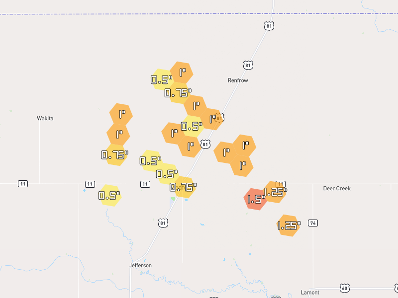 Hail map of Medford, OK on Jun 2, 2026, hail up to 1.5"