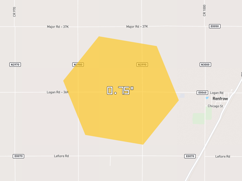 Hail map of Medford, OK on Jun 4, 2026, hail up to 0.75"