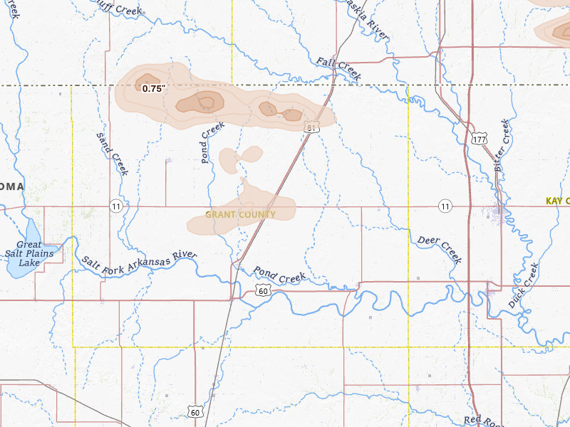 Radar-estimated hail-size map of the storm over Medford, OK on Jun 17, 2026