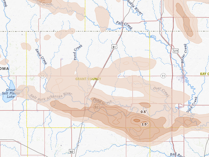 Radar-estimated hail-size map of the storm over Medford, OK on Jun 18, 2026