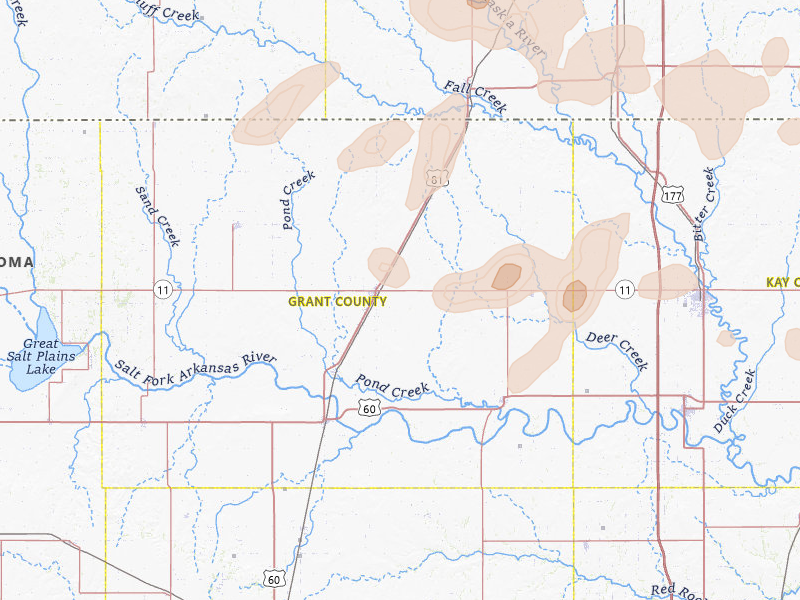 Radar-estimated hail-size map of the storm over Medford, OK on Jun 25, 2026