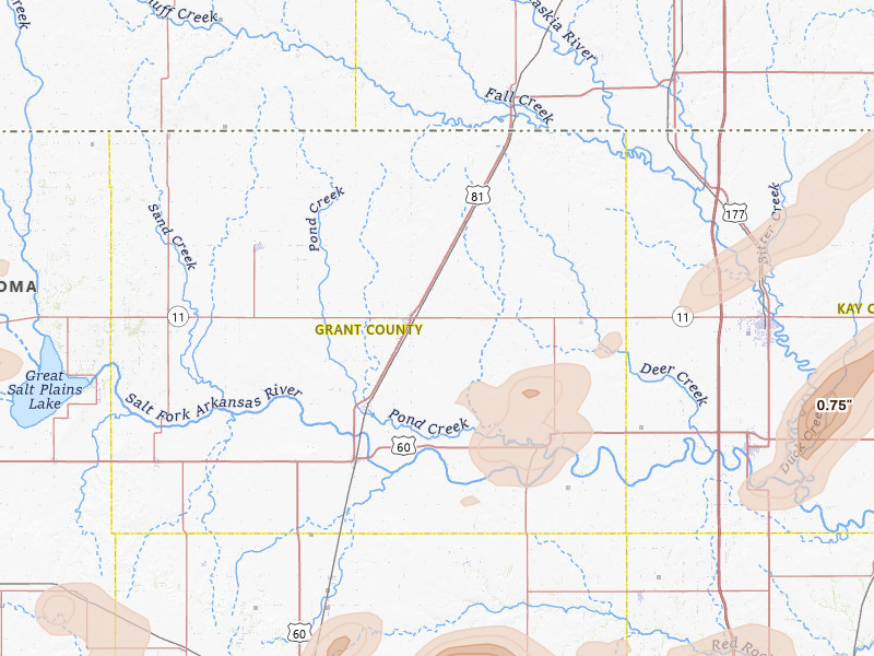 Radar-estimated hail-size map of the storm over Medford, OK on Jun 26, 2026