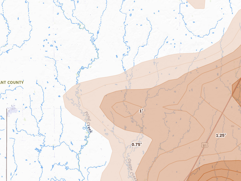 Radar-estimated hail-size map of the storm over Medford, OK on Jul 4, 2026