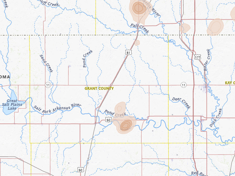Radar-estimated hail-size map of the storm over Medford, OK on Jul 11, 2026