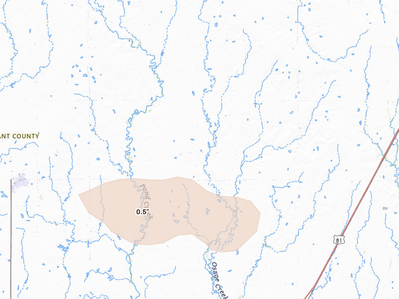 Radar-estimated hail-size map of the storm over Medford, OK on Aug 5, 2026