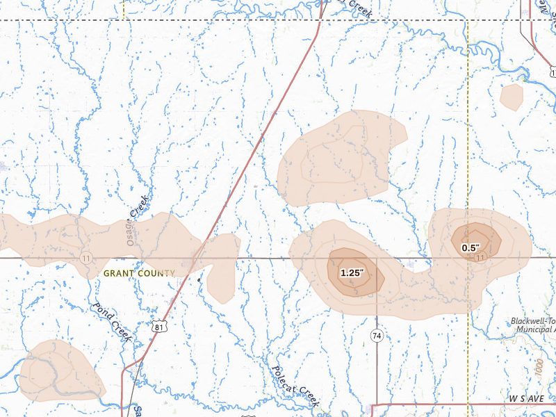 Radar-estimated hail-size map of the storm over Medford, OK on Aug 7, 2026
