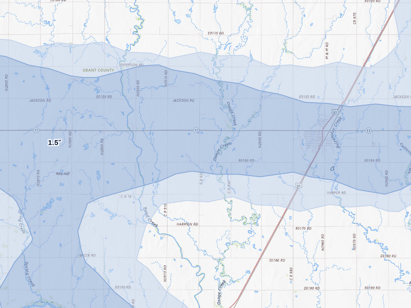 NEXRAD radar-signature map of the hail storm over Medford, OK on Aug 7, 2026