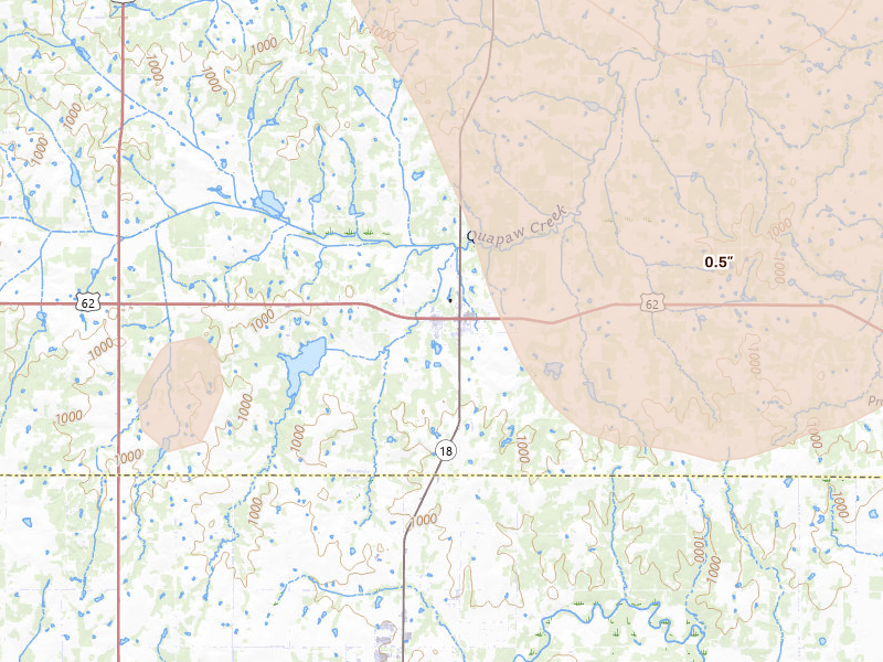Radar-estimated hail-size map of the storm over Meeker, OK on Jul 4, 2026