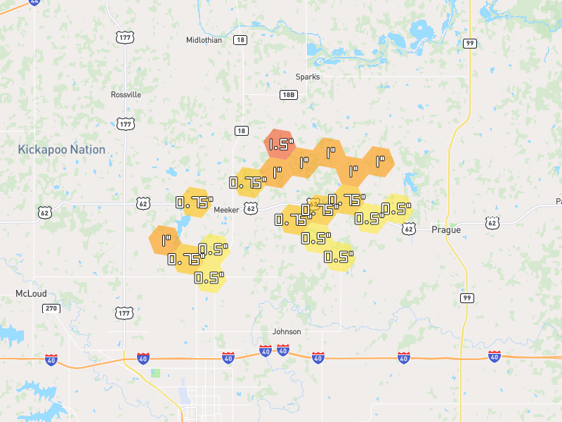Hail map of Meeker, OK on Jul 5, 2026, hail up to 1.5"