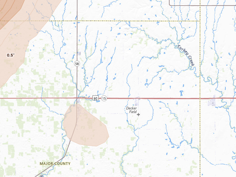 Radar-estimated hail-size map of the storm over Meno, OK on Mar 5, 2026