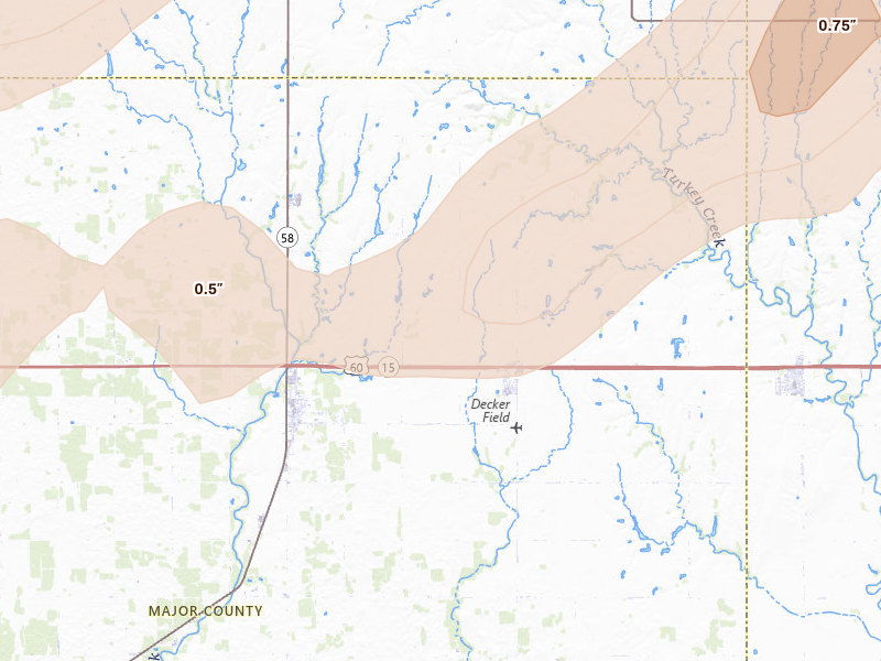 Radar-estimated hail-size map of the storm over Meno, OK on Apr 17, 2026