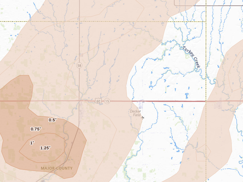 Radar-estimated hail-size map of the storm over Meno, OK on May 29, 2026