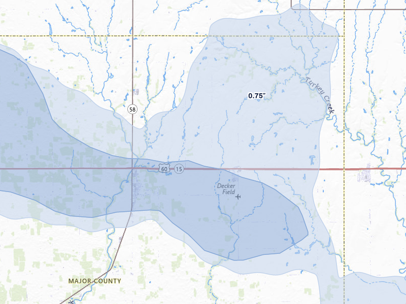 NEXRAD radar-signature map of the hail over Meno, OK