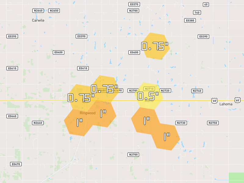 Hail map of Meno, OK on Jun 2, 2026, hail up to 1"