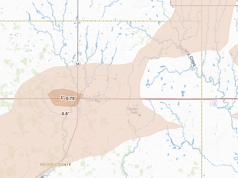Radar-estimated hail-size map of the storm over Meno, OK on Jun 26, 2026