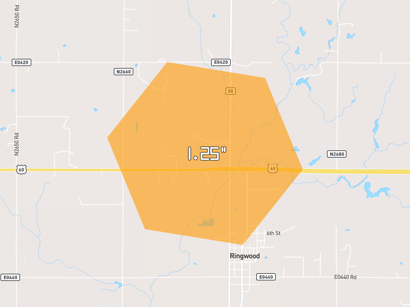 Hail map of Meno, OK on Jun 26, 2026, hail up to 1.25"
