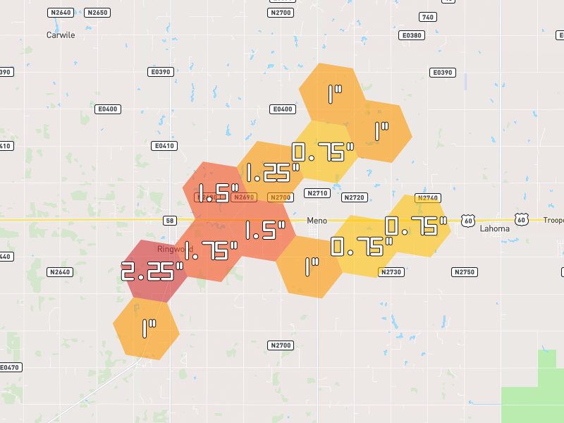 Hail map of Meno, OK on Jun 27, 2026, hail up to 2.25"