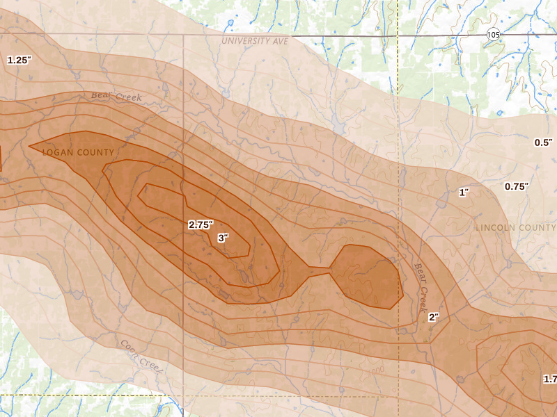 Radar-estimated hail-size map of the storm over Meridian, OK on Jun 26, 2026