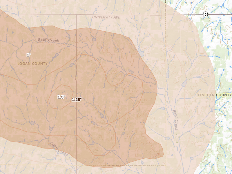 Radar-estimated hail-size map of the storm over Meridian, OK on Jul 4, 2026