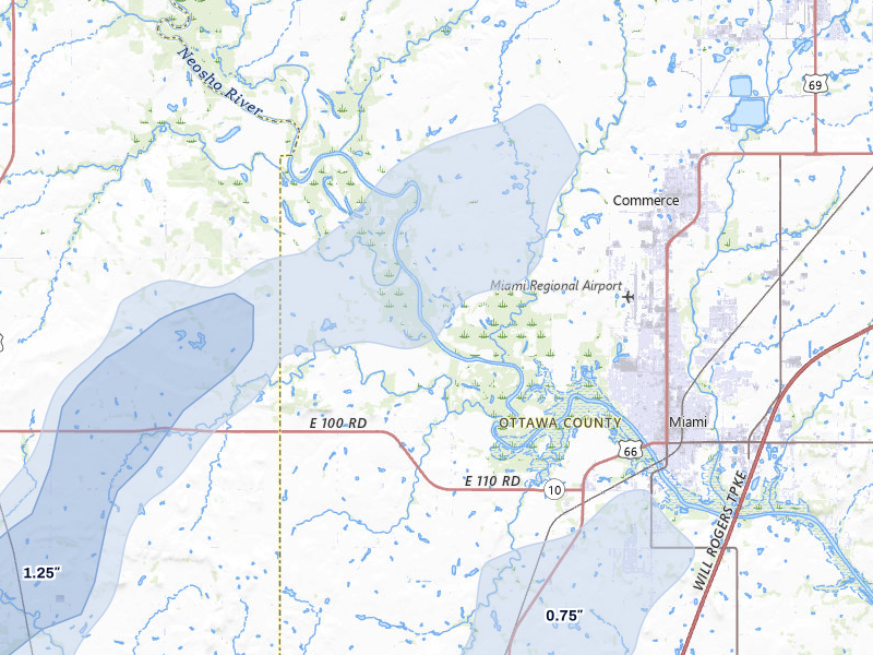 NEXRAD radar-signature map of the hail storm over Miami, OK on Mar 6, 2026