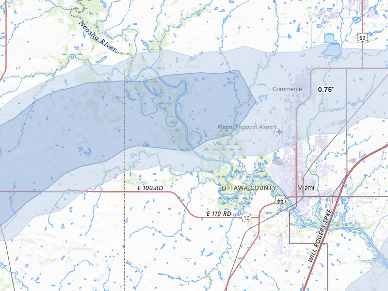 NEXRAD radar-signature map of the hail over Miami, OK
