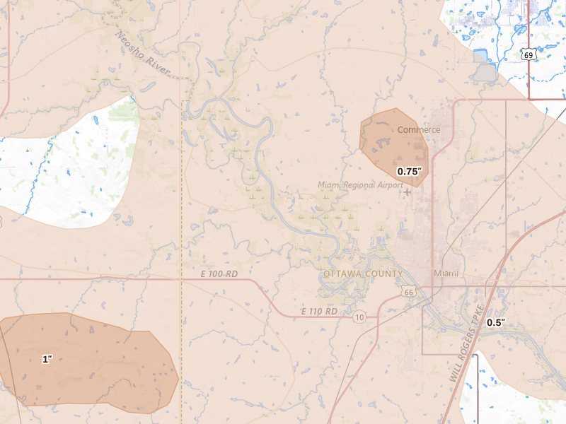 Radar-estimated hail-size map of the storm over Miami, OK on Jun 11, 2026