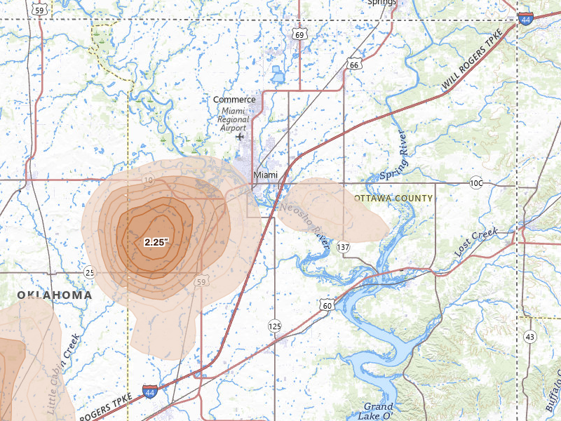 Radar-estimated hail-size map of the storm over Miami, OK on Aug 6, 2026