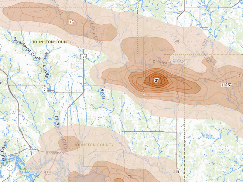 Radar-estimated hail-size map of the storm over Milburn, OK on Apr 24, 2026