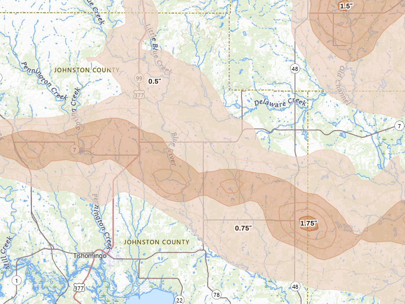 Radar-estimated hail-size map of the storm over Milburn, OK on Apr 25, 2026