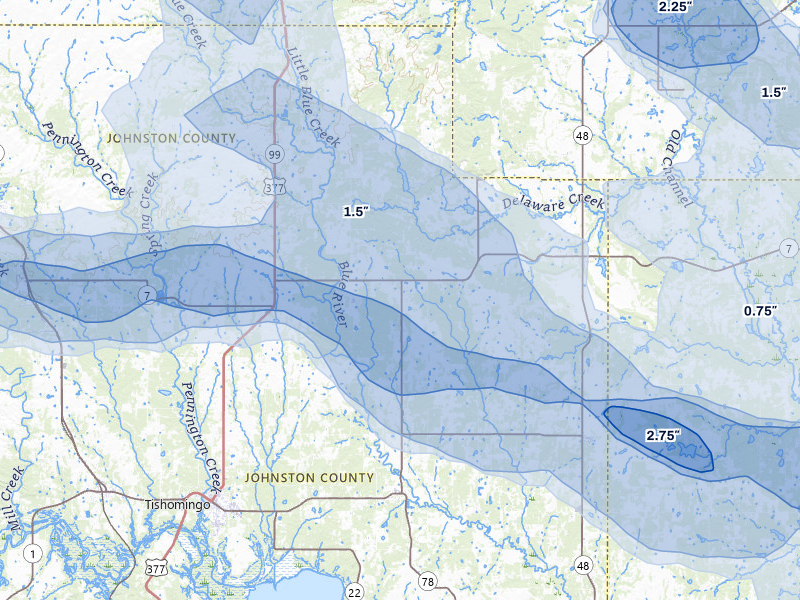 NEXRAD radar-signature map of the hail over Milburn, OK
