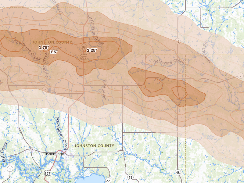 Radar-estimated hail-size map of the storm over Milburn, OK on Apr 28, 2026