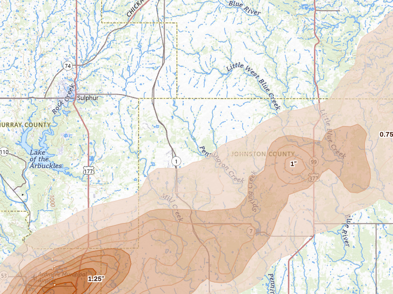 Radar-estimated hail-size map of the storm over Mill Creek, OK