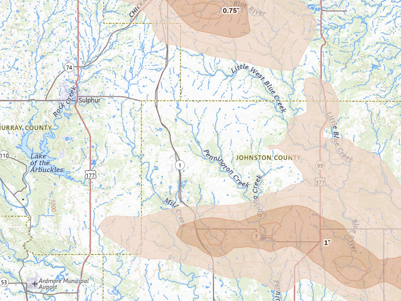 Radar-estimated hail-size map of the storm over Mill Creek, OK on Apr 25, 2026