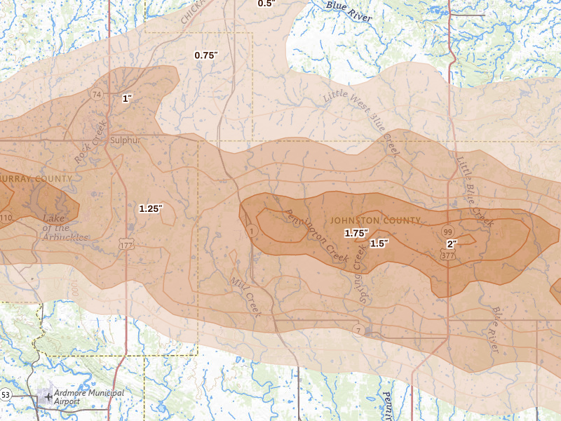 Radar-estimated hail-size map of the storm over Mill Creek, OK on Apr 28, 2026
