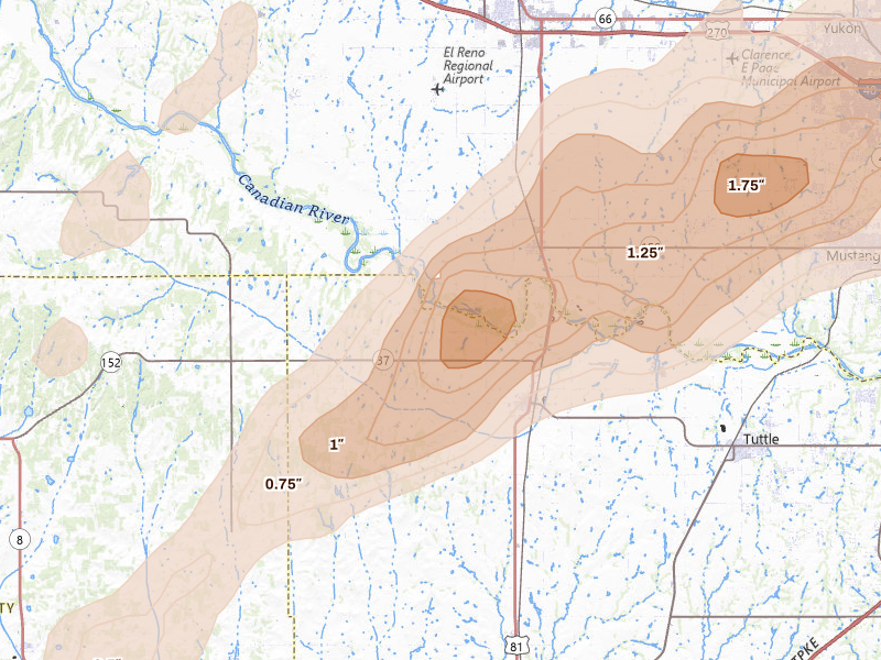 Radar-estimated hail-size map of the storm over Minco, OK on Mar 10, 2026