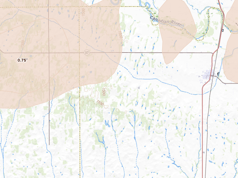 Radar-estimated hail-size map of the storm over Minco, OK on Apr 3, 2026