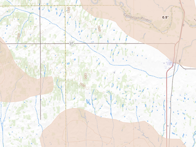 Radar-estimated hail-size map of the storm over Minco, OK on May 9, 2026